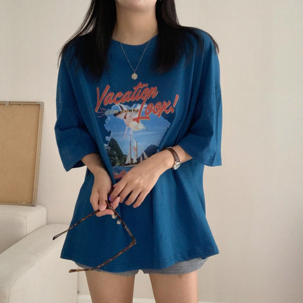 캐주얼 오버핏 베케이션 레터링 프린팅 롱 티셔츠 여름 여성 티셔츠 면 박스티 여자 반팔티 - 상세 이미지 4