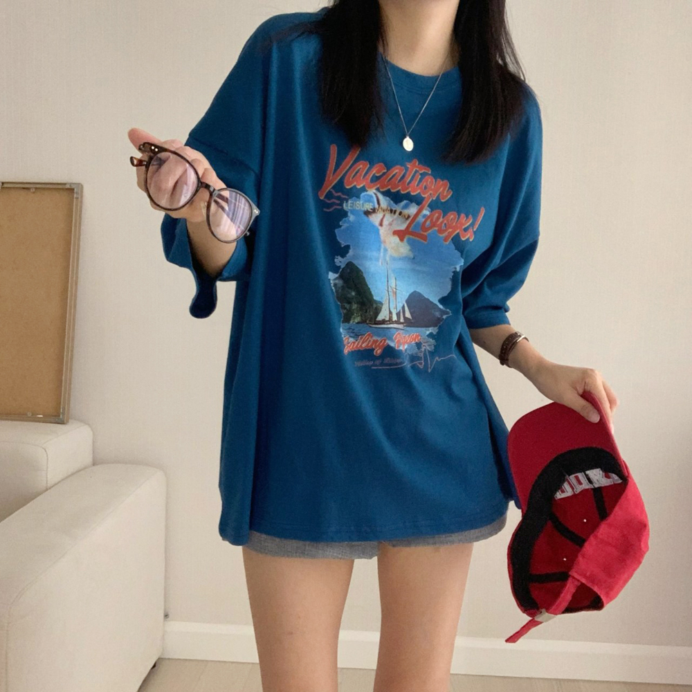 캐주얼 오버핏 베케이션 레터링 프린팅 롱 티셔츠 여름 여성 티셔츠 면 박스티 여자 반팔티 - 상품 이미지