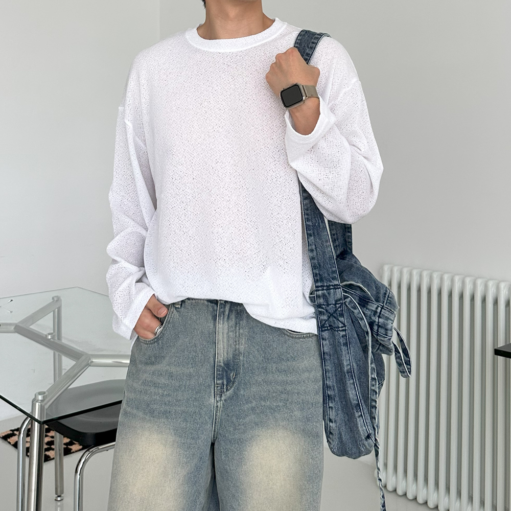 남자 여름티셔츠 시스루 바캉스 커플 긴팔 린넨 티셔츠 - 상품 이미지