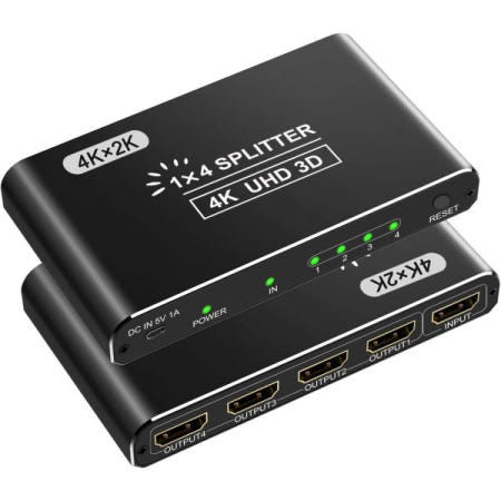 Closs [해외]HDMI 스플리터, 듀얼 모니터용 4K 스플리터 1-4 아웃, PS4 파이어 스틱 HDTV용 3D 풀 HD 1080P 알루미늄 지원(1 소스에서 4 디스플레이) 블랙