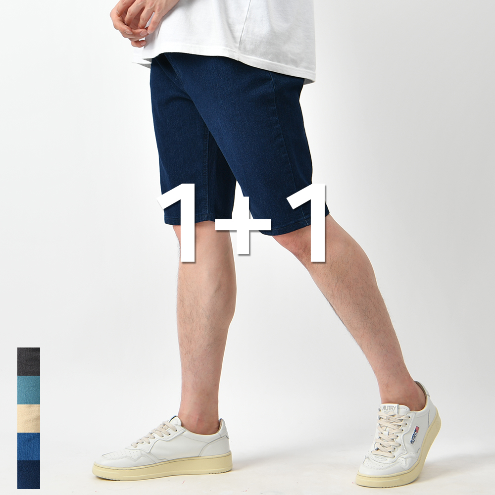 1+1 남자 청반바지 여름 밴딩 5부 워싱 데님 스판 팬츠