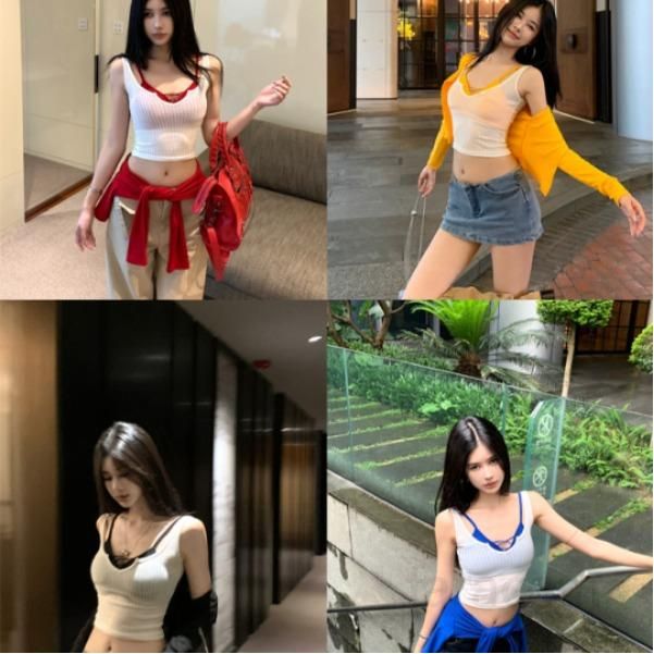 여성 크롭 긴팔 브이넥 가디건 나시 브라탑 레이어드 데일리 캐주얼 쓰리피스 세트 봄 여름 13274 - 상품 이미지