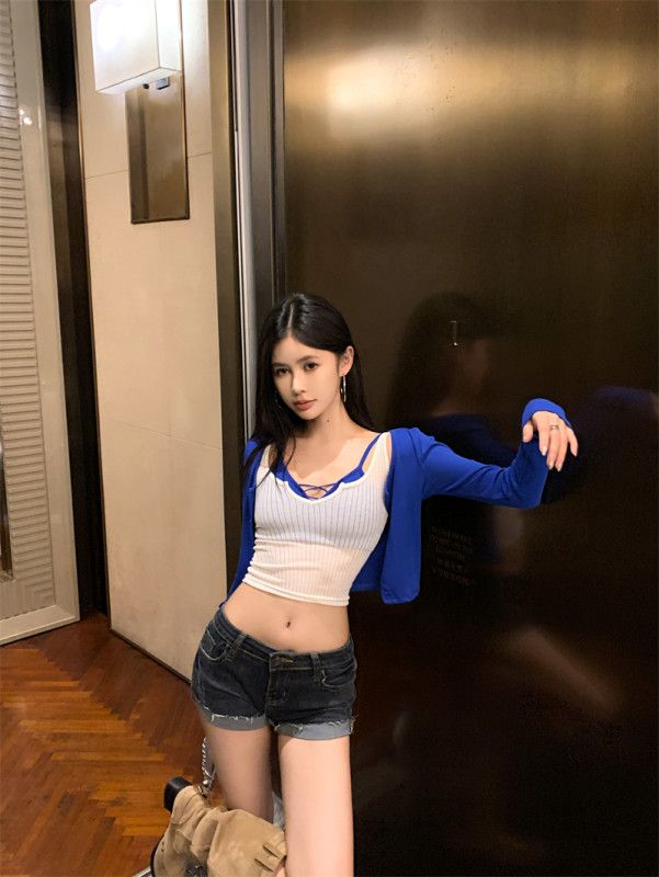 여성 크롭 긴팔 브이넥 가디건 나시 브라탑 레이어드 데일리 캐주얼 쓰리피스 세트 봄 여름 13274 - 상세 이미지 2