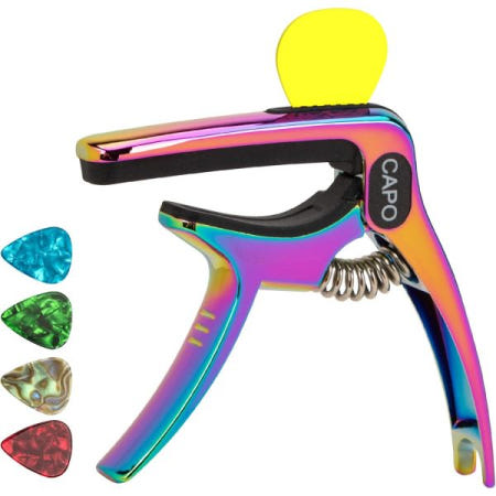 [NeuSchwan][해외]기타 카포, 어쿠스틱 및 일렉트릭 기타용 3-in-1 다기능 카포(무료 보너스 4픽), 픽 홀더 핀 풀러, 액세서리, 그라디언트 컬러풀