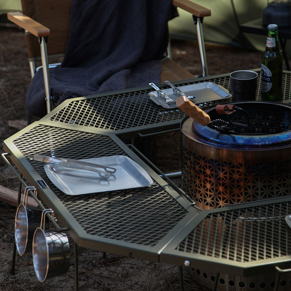 빈슨메시프 파즐 화로대 테이블 2P 폴딩 메쉬 철제선반 캠핑테이블 카키