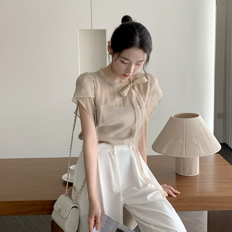 마르셀 시스루 쉬폰 리본 스트랩 블라우스 bs8365 - 상세 이미지 3