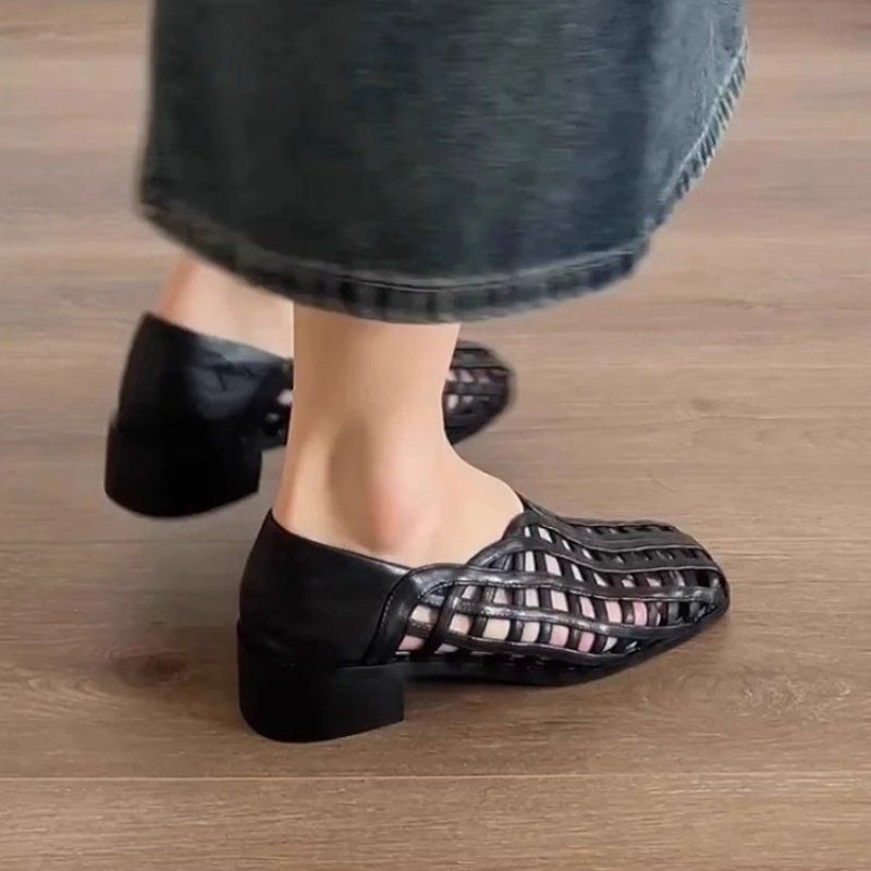 위빙 펀칭 로마 로우힐 레더 샌들로퍼 여성 bying24 검은색 35 - 상세 이미지 3