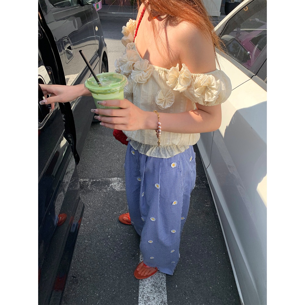 꽃자수패턴 밴딩 체크와이드팬츠 뒷포켓 빈티지풍 봄 여름 루즈핏 예쁜 디자인 - 상세 이미지 4