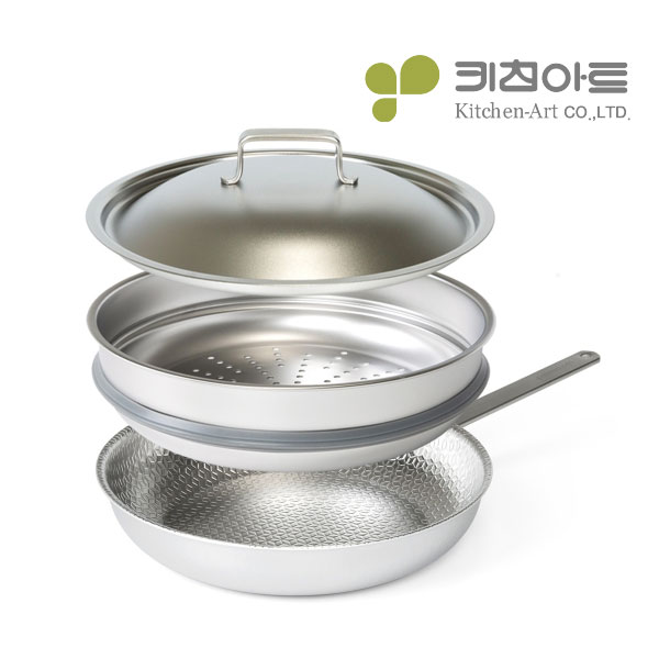 키친아트 무연마 통5중 316 스텐 후라이팬 28cm+찜기+뚜껑 - 상품 이미지