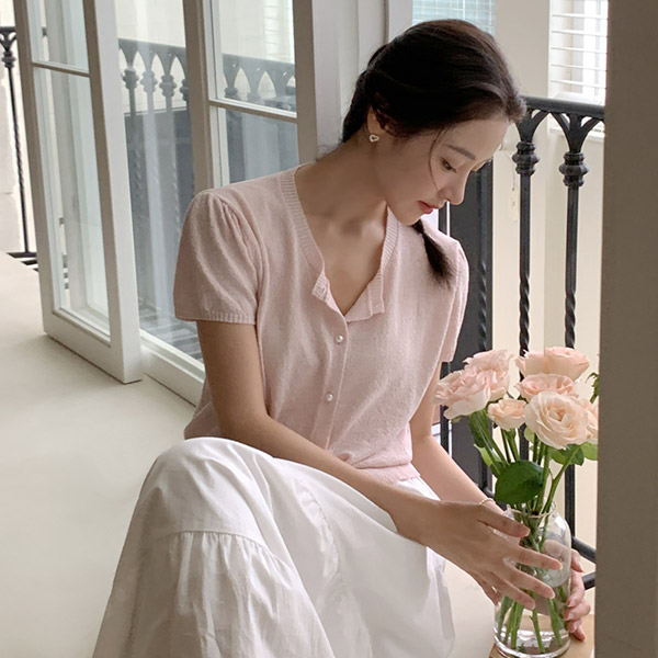 르앤 진주 버튼 퍼프소매 반팔 가디건 cd3435