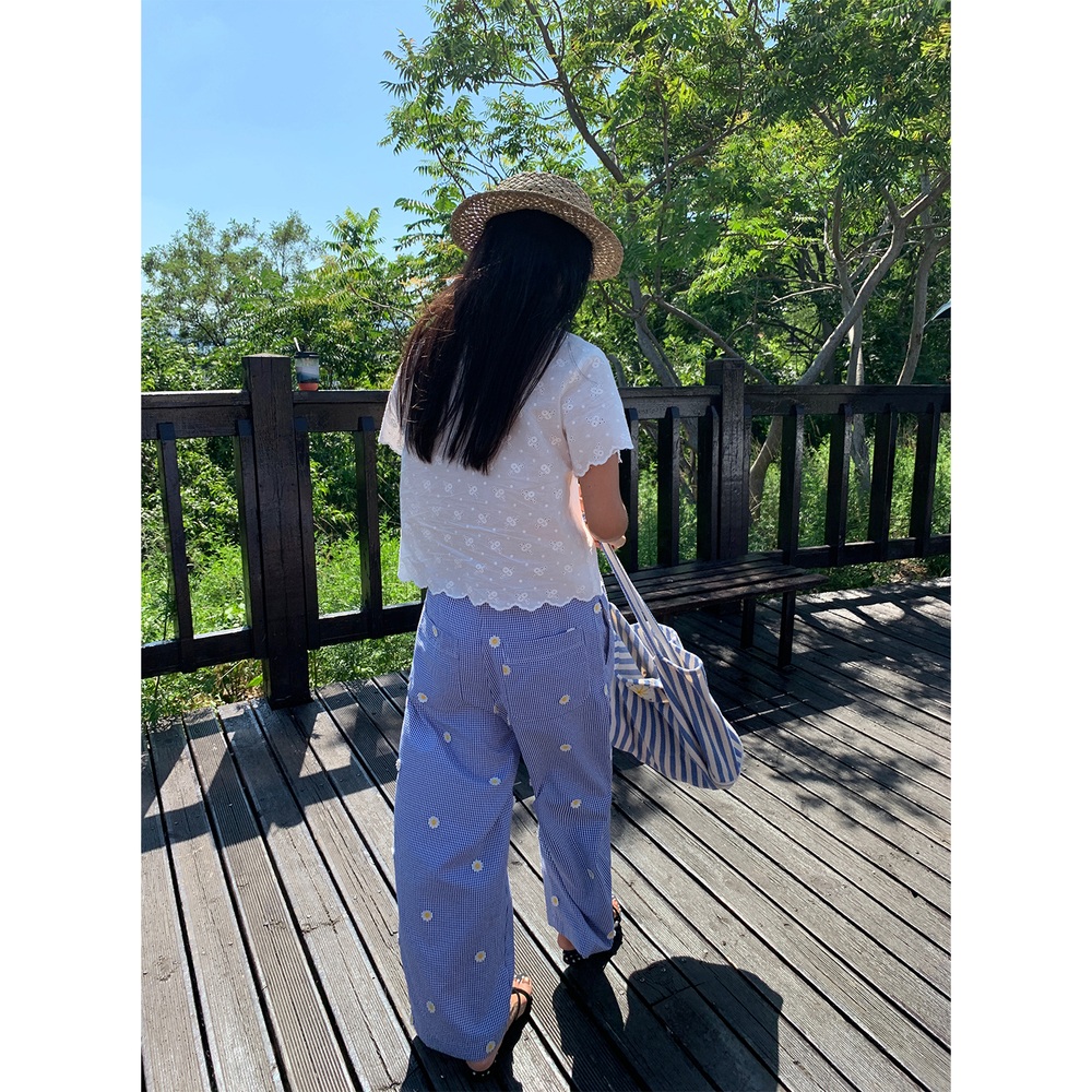 꽃자수패턴 밴딩 체크와이드팬츠 뒷포켓 빈티지풍 봄 여름 루즈핏 예쁜 디자인 - 상세 이미지 5