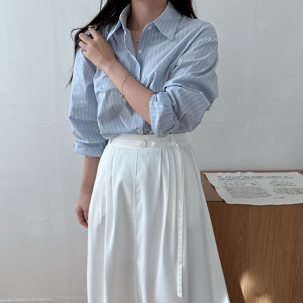 플레어롱스커트 벨트 핀턱 화이트 롱 스커트 - 상세 이미지 2