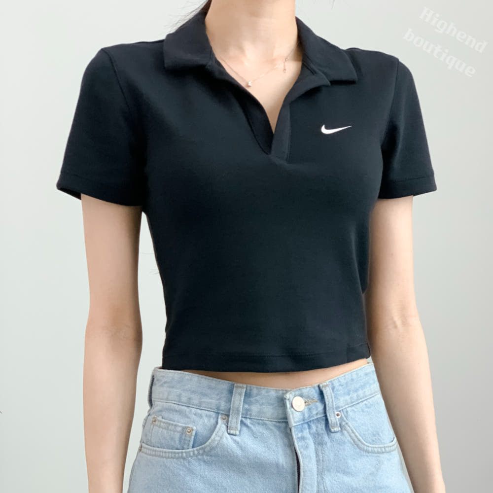 나이키 크롭 반팔 여성 슬림핏 티셔츠 블랙, 80