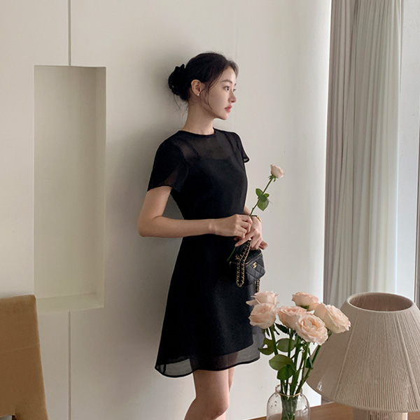 올리비아 오간자 시스루 하트넥 쉬폰 반팔 플레어 롱 원피스 op15973