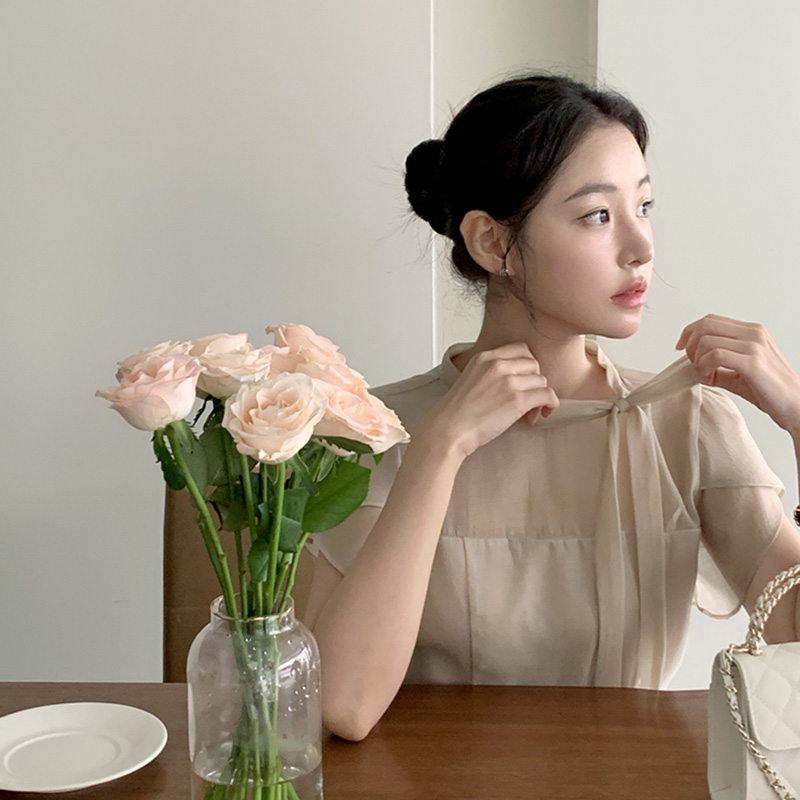 마르셀 시스루 쉬폰 리본 스트랩 블라우스 bs8365 - 상세 이미지 4