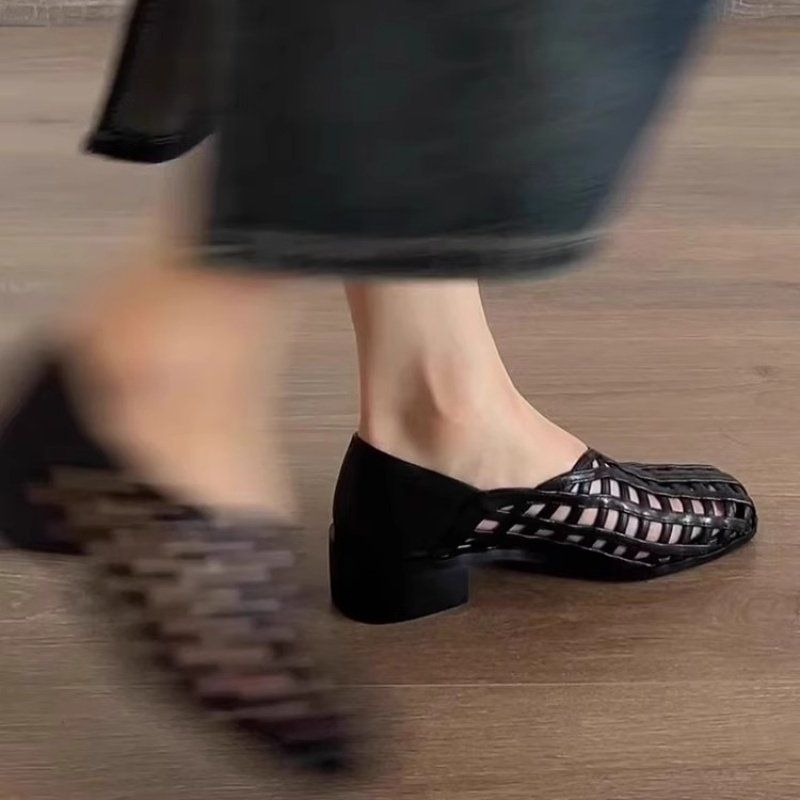 위빙 펀칭 로마 로우힐 레더 샌들로퍼 여성 bying24 검은색 35 - 상세 이미지 4