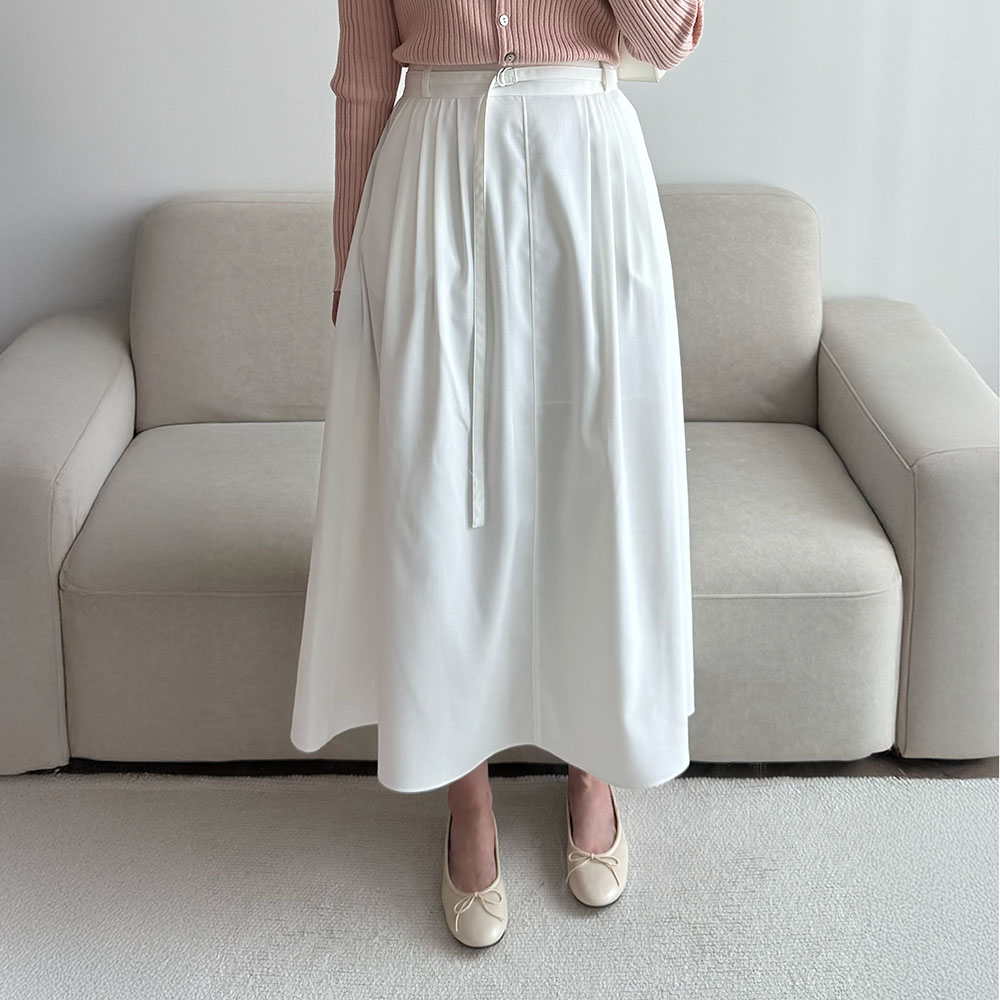 플레어롱스커트 벨트 핀턱 화이트 롱 스커트 - 상세 이미지 5