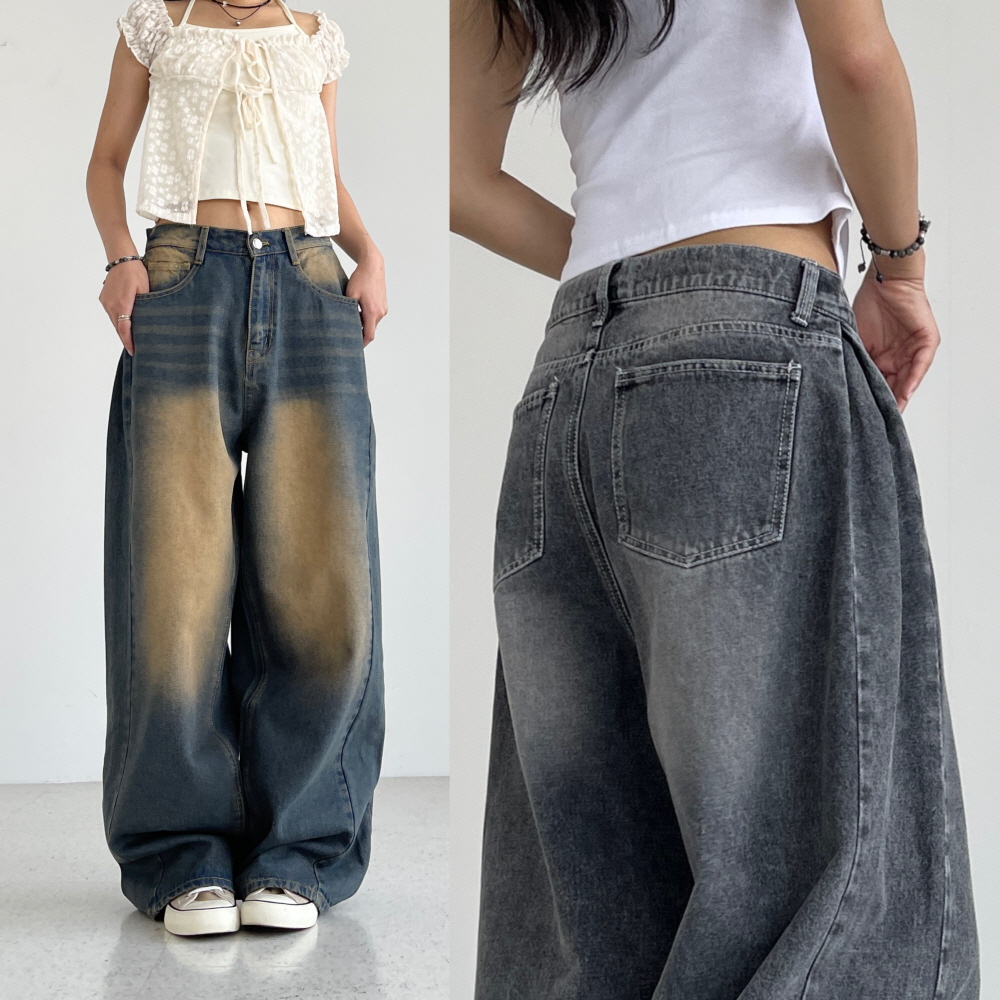 여성와이드청바지 사이드핀턱 봄 가을 빈티지워싱진 벌룬 데님 통바지 샌디핀턱진