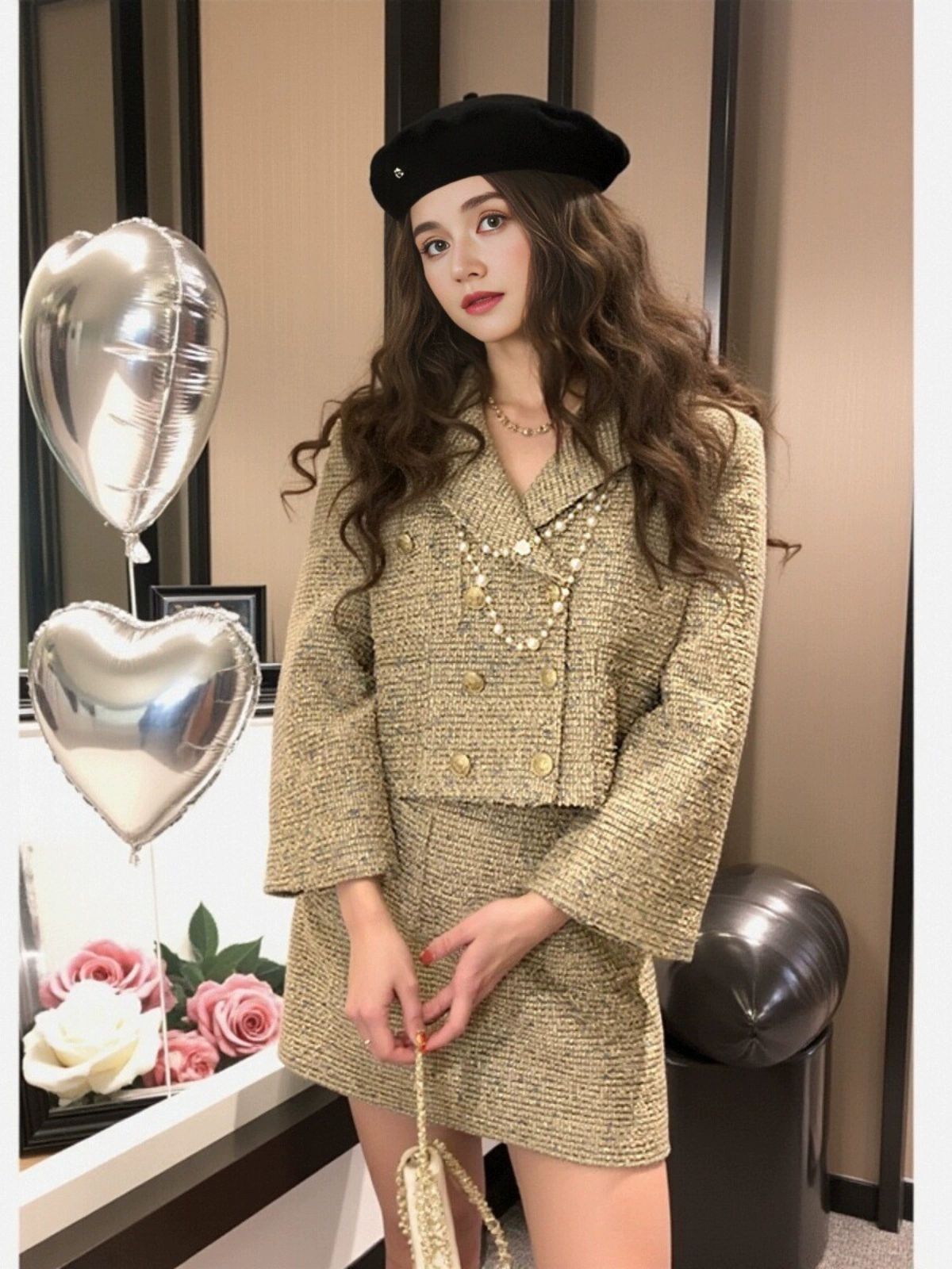 가을 트위드 스커트 투피스 세트 결혹식 하객룩 연골드 외투 + 짧은 치마