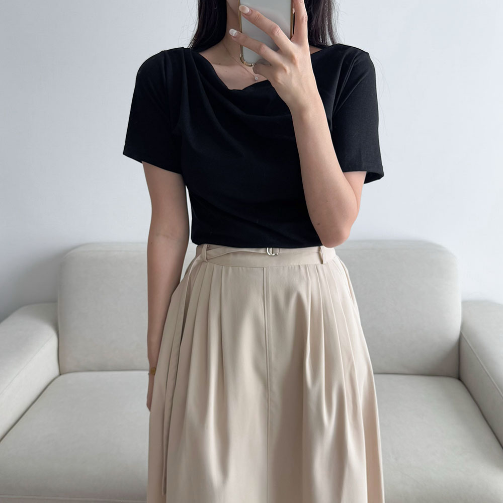 플레어롱스커트 벨트 핀턱 화이트 롱 스커트 - 상세 이미지 4