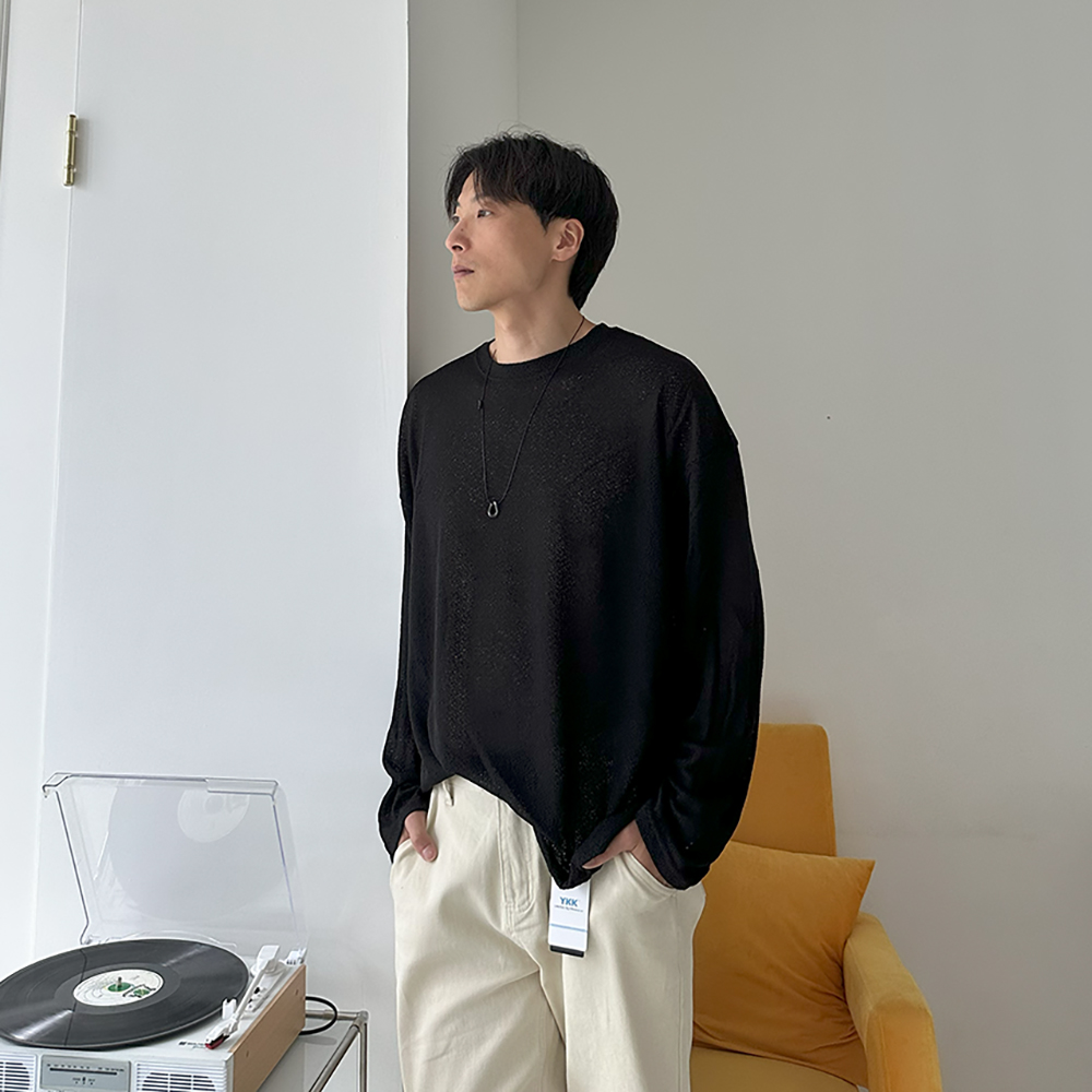 남자 바캉스 여름 긴팔티 시스루 린넨 긴팔 남자 티셔츠 - 상품 이미지