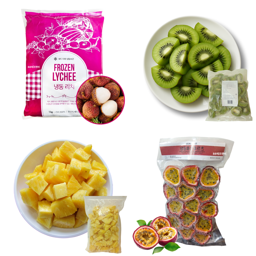 냉동 과일 1kg 모음전 딸기 파인애플 망고 리치 키위 패션후르츠 용과 블루베리 대용량 업소용 에이드 요거트