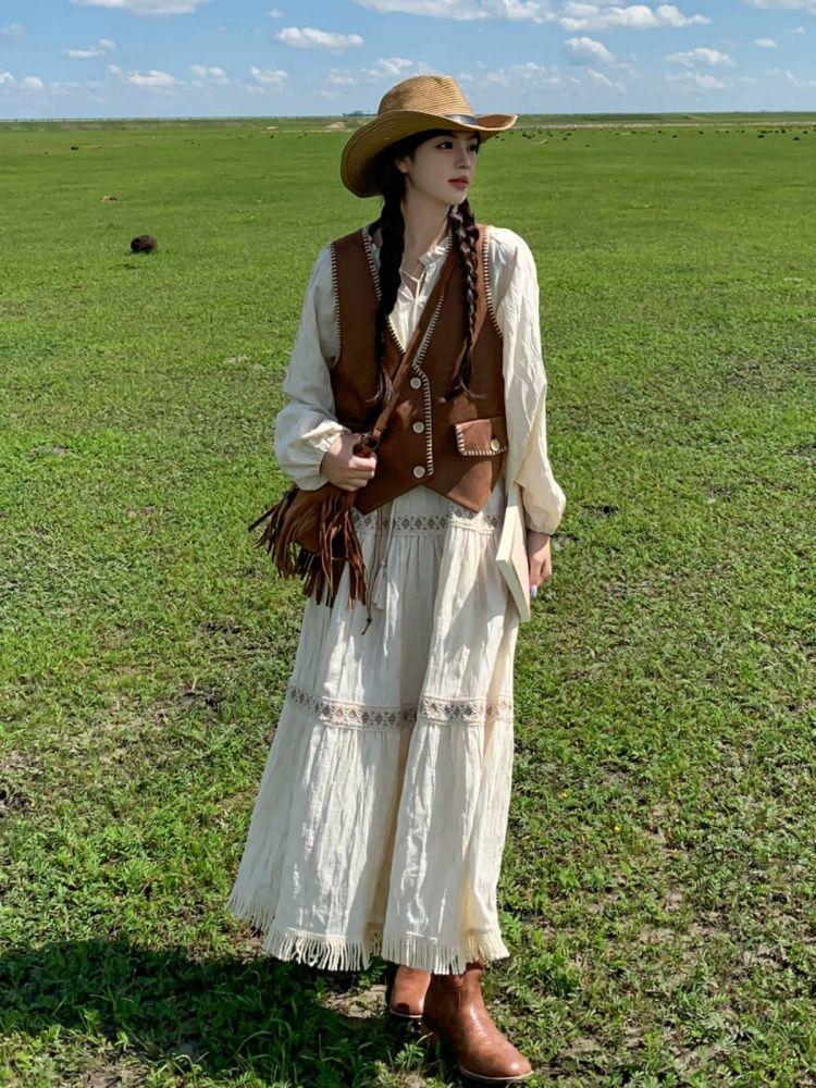 여성 가을 여행 화이트 원피스 조끼 세트 에스닉 서부 카우보이 연극무대의상 원피스조끼세트 - 상품 이미지