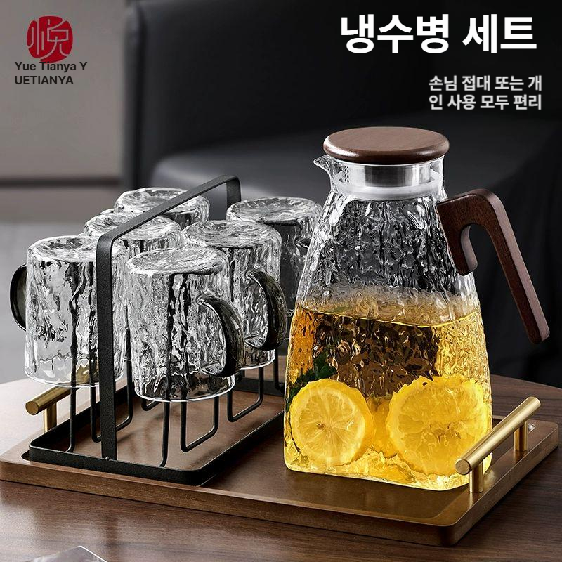유리 주전자 냉장고 냉수 내열 가정용 대용량 거실 물컵 세트 두꺼운 일본풍 찻주전자 호두나무 빙하 주전자 - 단주전자 평면형 1.5L포함-2L불포함 - 상세 이미지 5