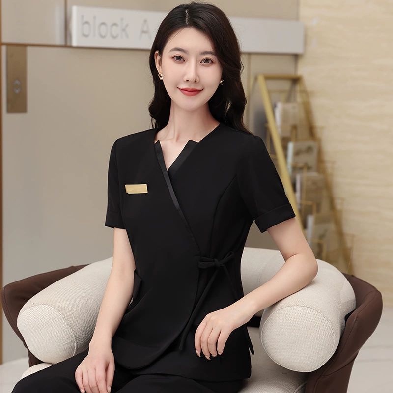 7부 반팔 피부관리사복 맛사지사복 미용사 근무복 병원데스크 유니폼 화이트 짧은 소매 + 바지 - 상세 이미지 3