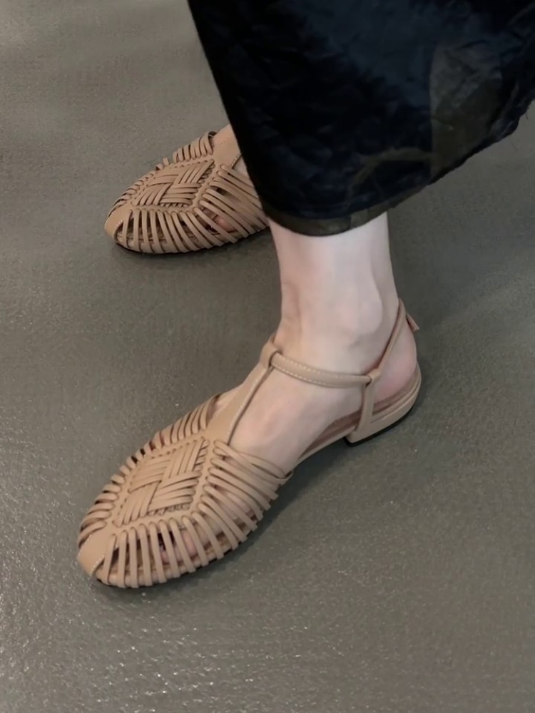 여성 천연양가죽 위빙 펀칭 라운드 플랫샌들 리얼레더 보헤미안 - 상세 이미지 3