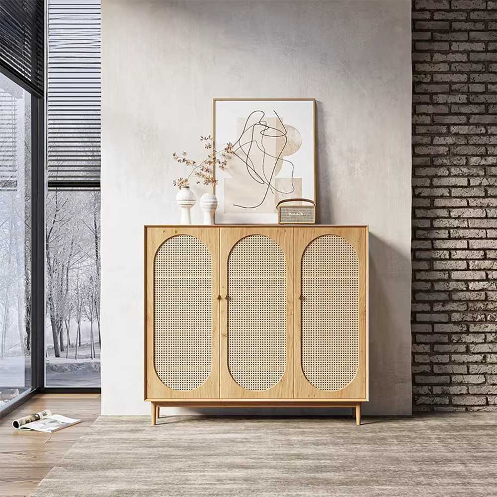라탄 현관 신발장 내추럴 수납 인테리어 원목 수제 100x38x110cm(2문/오크) - 상품 이미지