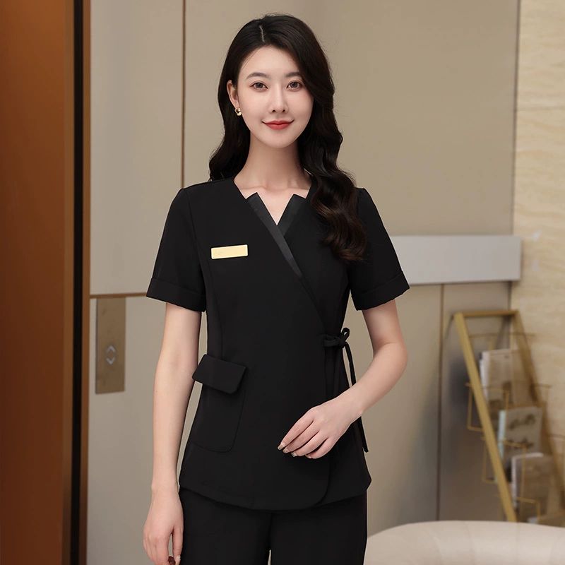 7부 반팔 피부관리사복 맛사지사복 미용사 근무복 병원데스크 유니폼 화이트 짧은 소매 + 바지 - 상세 이미지 5