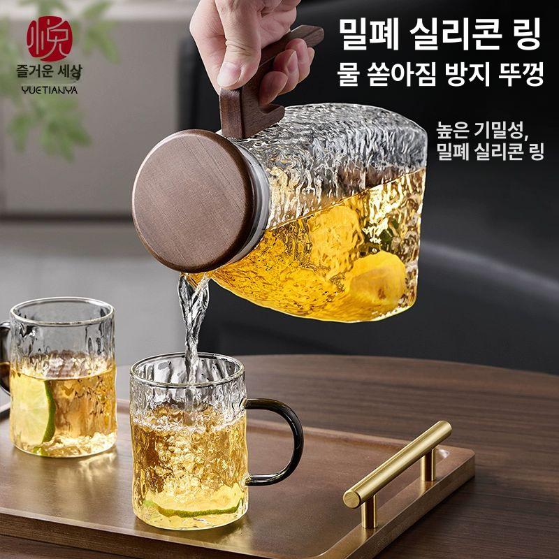 유리 주전자 냉장고 냉수 내열 가정용 대용량 거실 물컵 세트 두꺼운 일본풍 찻주전자 호두나무 빙하 주전자 - 단주전자 평면형 1.5L포함-2L불포함 - 상세 이미지 4