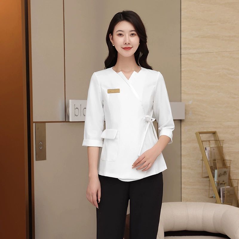 7부 반팔 피부관리사복 맛사지사복 미용사 근무복 병원데스크 유니폼 화이트 짧은 소매 + 바지 - 상세 이미지 2
