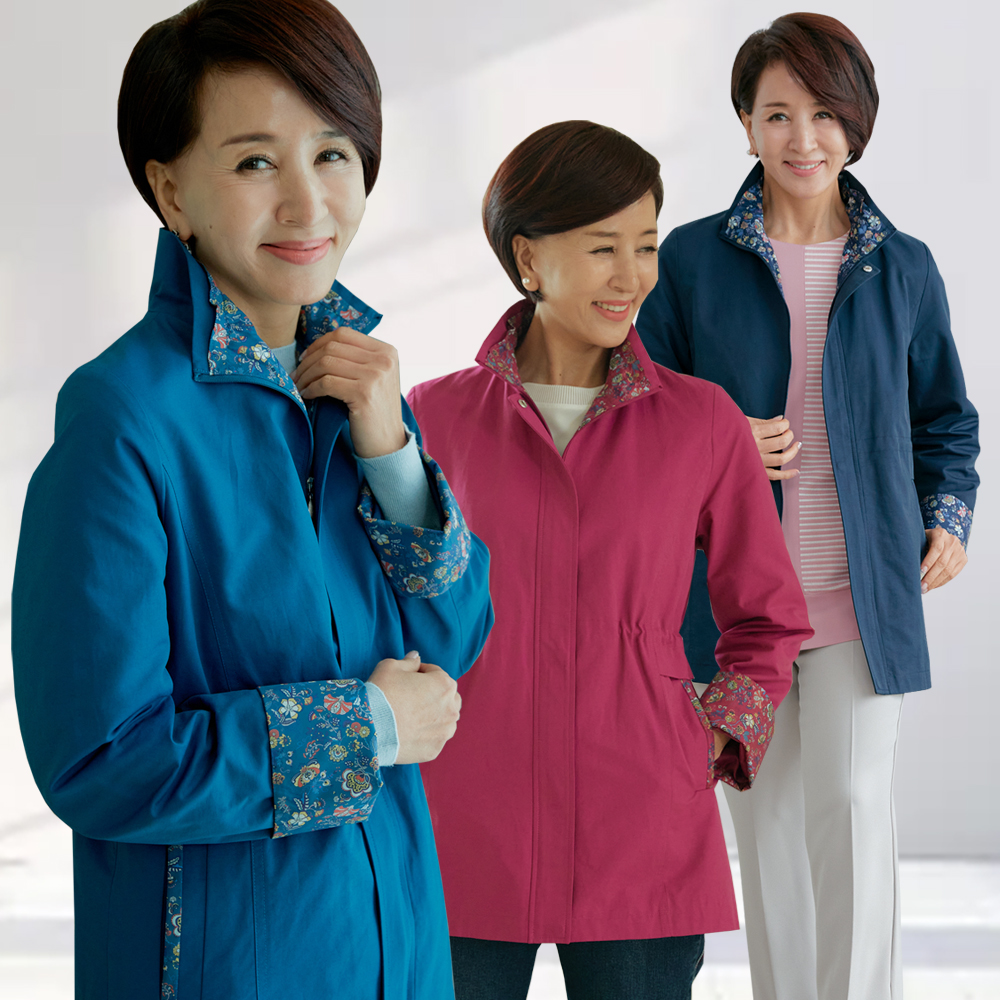 엄마옷 봄 플라워 배색 자켓 프린트 허리 셔링 스트링 중년여성 60대 50대 40대 선물 - 메인 이미지