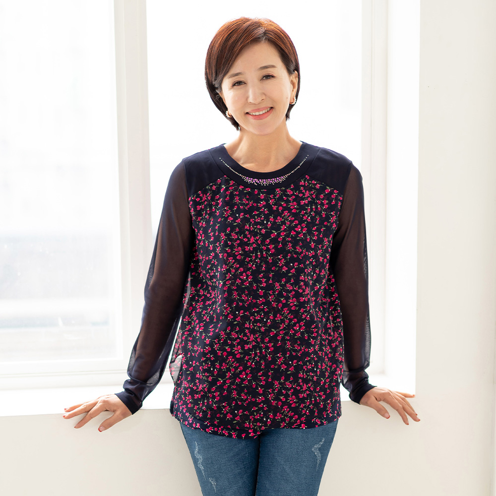 엄마옷 샤르망 쉬폰 블라우스 3종 플라워 프린트 중년여성 마담 60대 50대 40대 선물 - 상세 이미지 4
