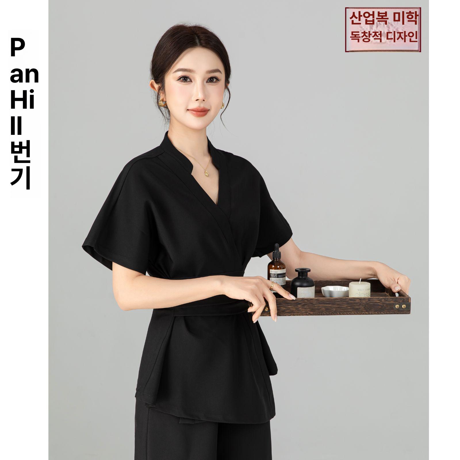 피부관리사 맛사지사 유니폼 7부 반팔 바지 세트 스파 뷰티샵 미용실 살구색 반팔 + 와이드 팬츠 세트 XS 이미지 7