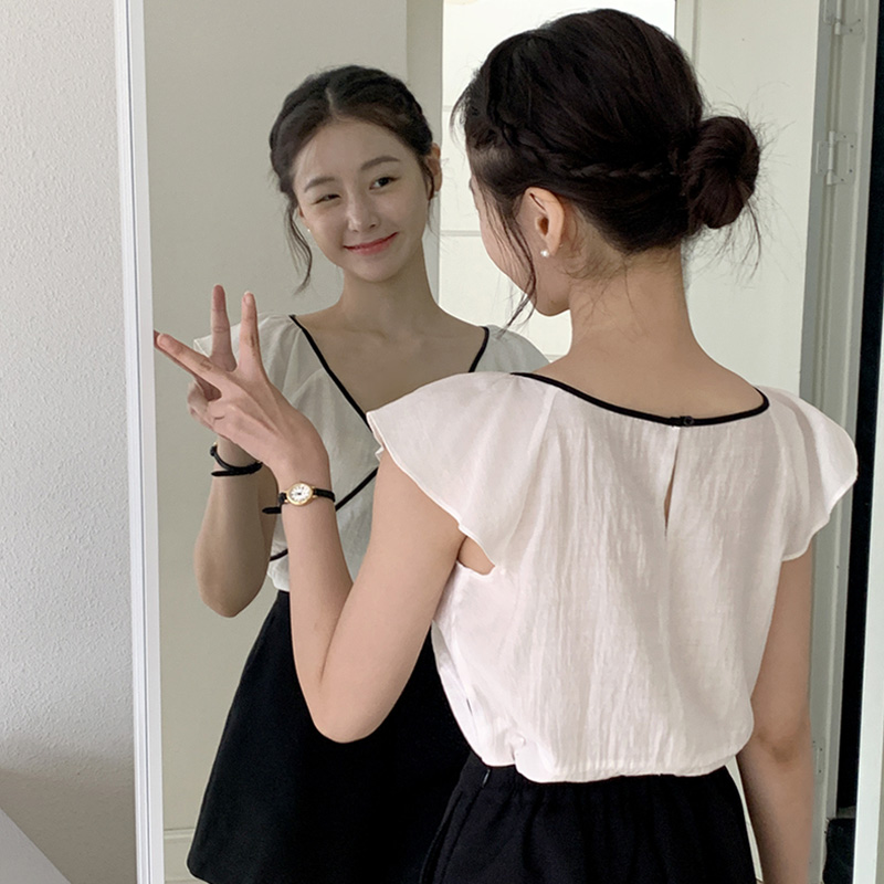 오브디 V넥 배색 리본 캡소매 블라우스 bs8368 - 상세 이미지 4