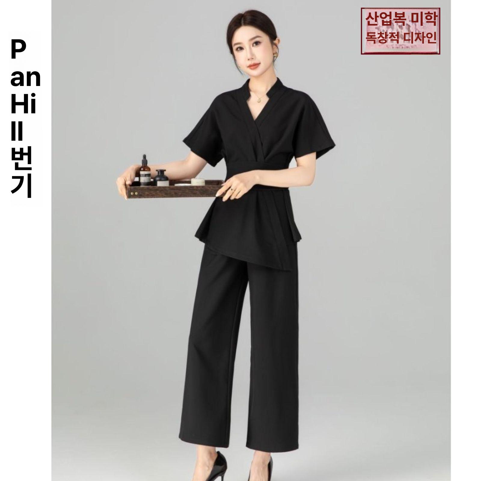 피부관리사 맛사지사 유니폼 7부 반팔 바지 세트 스파 뷰티샵 미용실 살구색 반팔 + 와이드 팬츠 세트 XS 이미지 8