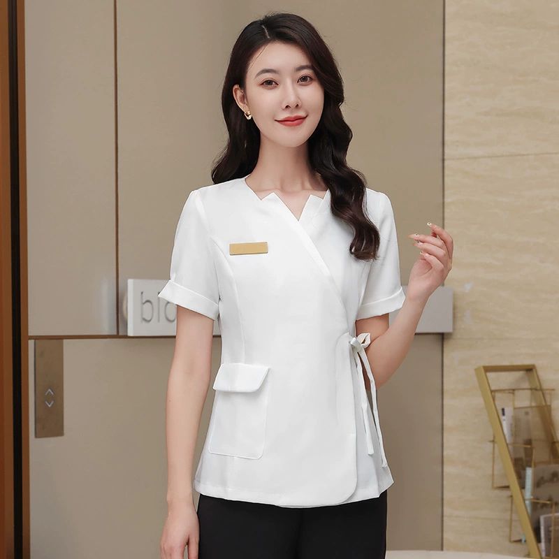 7부 반팔 피부관리사복 맛사지사복 미용사 근무복 병원데스크 유니폼 화이트 짧은 소매 + 바지 - 상세 이미지 4
