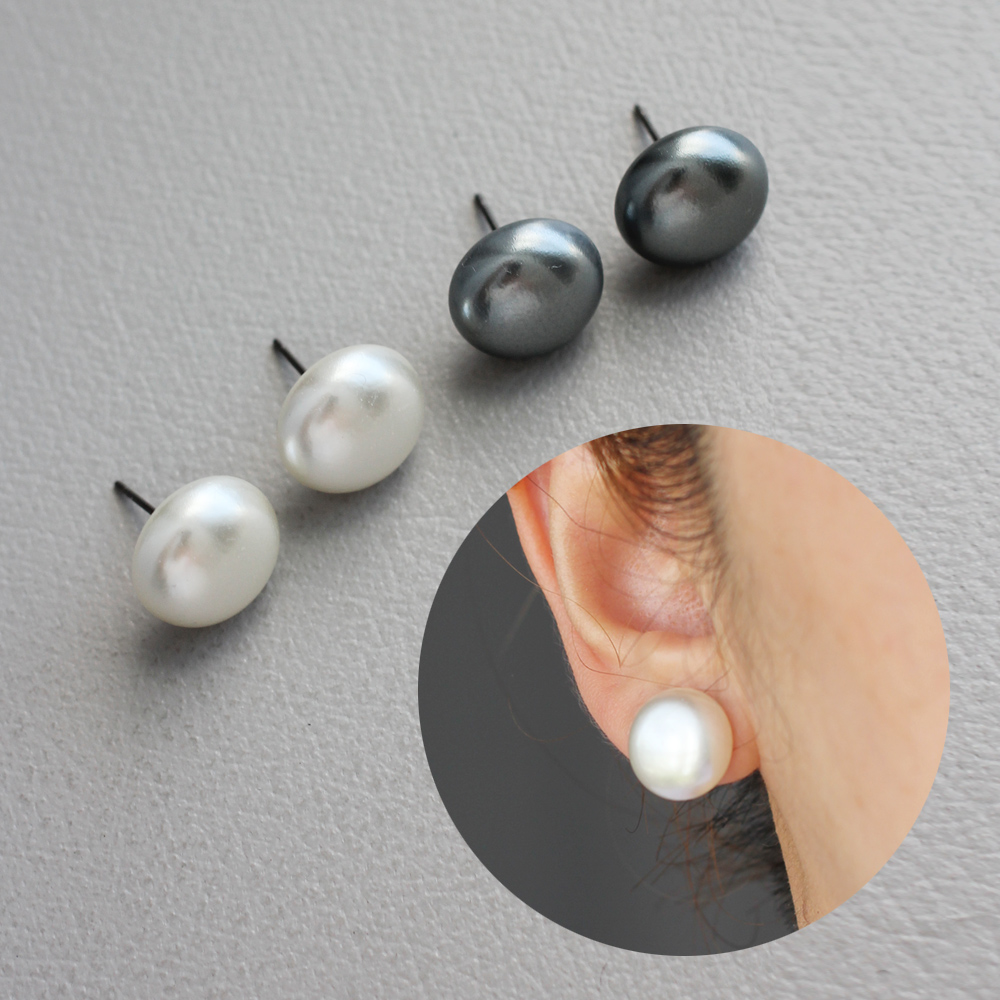 납작 진주 귀걸이 14mm 화이트 딥그레이 흑진주