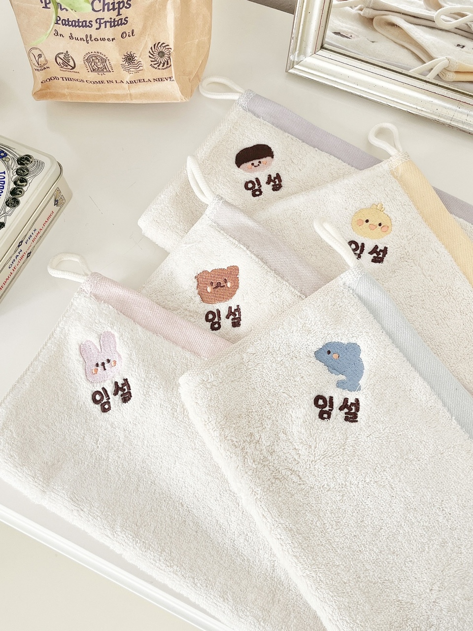 어린이집 고리수건 5장+1장 세트 유치원 준비물 이름 자수 코마사 면40수 모달 수건