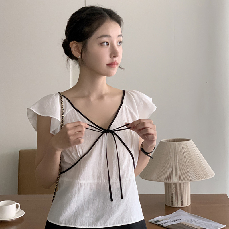 오브디 V넥 배색 리본 캡소매 블라우스 bs8368 - 상세 이미지 3