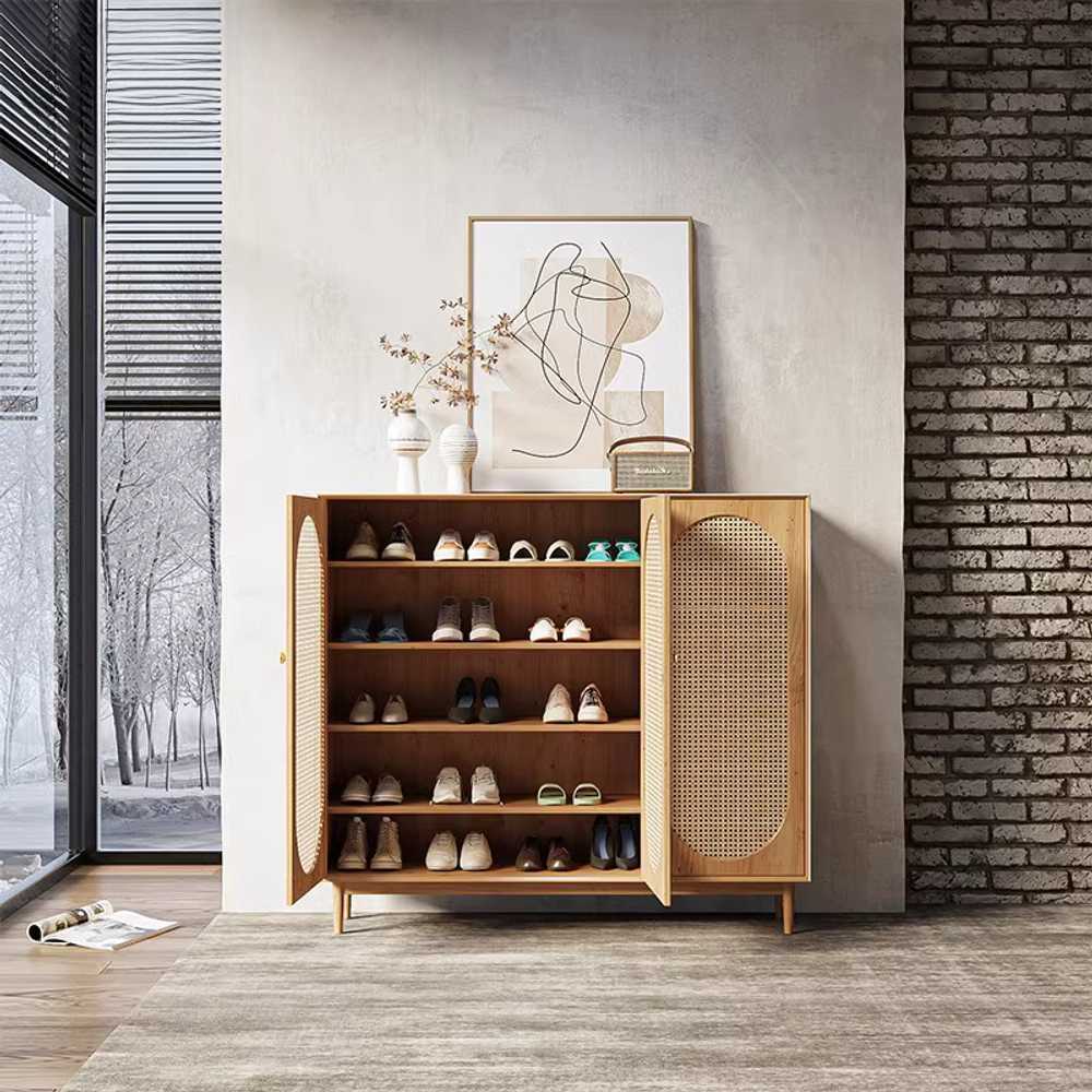 라탄 현관 신발장 내추럴 수납 인테리어 원목 수제 100x38x110cm(2문/오크) - 상세 이미지 3