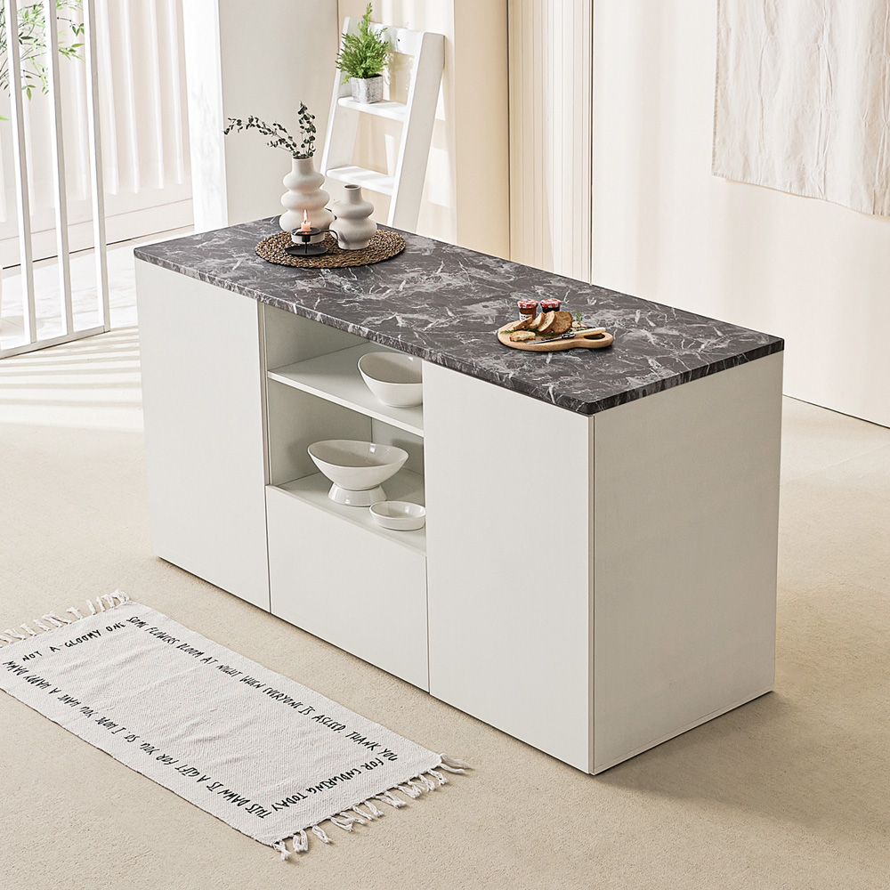 오비 아일랜드식탁 주방 보조 수납 테이블 양방향 홈바 1600mm, 화이트대리석