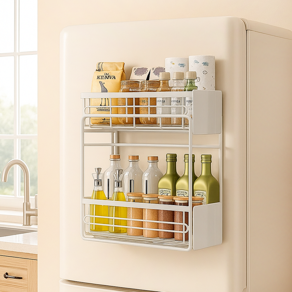 라슈에뜨 다용도 냉장고 세탁기 틈새 공간 마그네틱 철제 슬라이딩 2단 자석선반