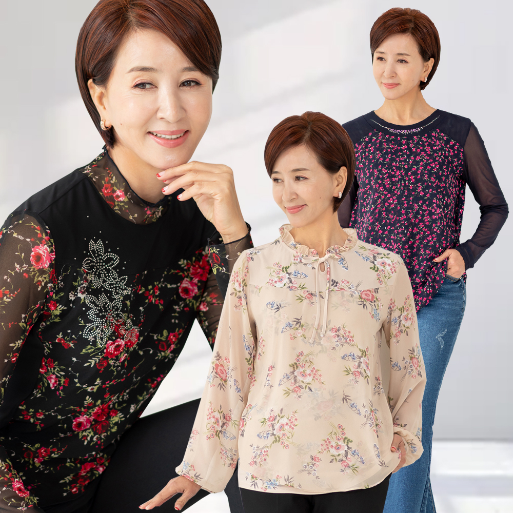 엄마옷 샤르망 쉬폰 블라우스 3종 플라워 프린트 중년여성 마담 60대 50대 40대 선물 - 메인 이미지