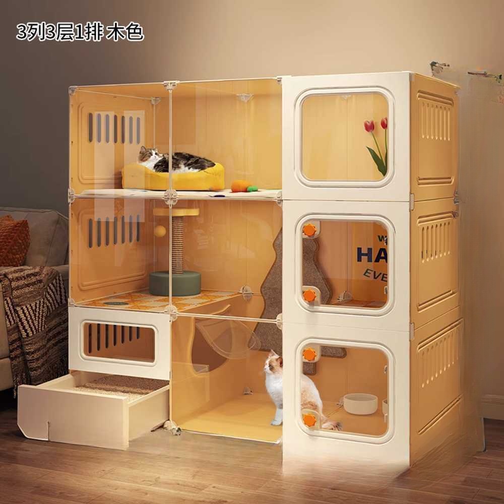 고양이 아파트 숨숨집 카페 수납장 공간 실내 놀이터 3단 옐로우 세트 - 상세 이미지 4