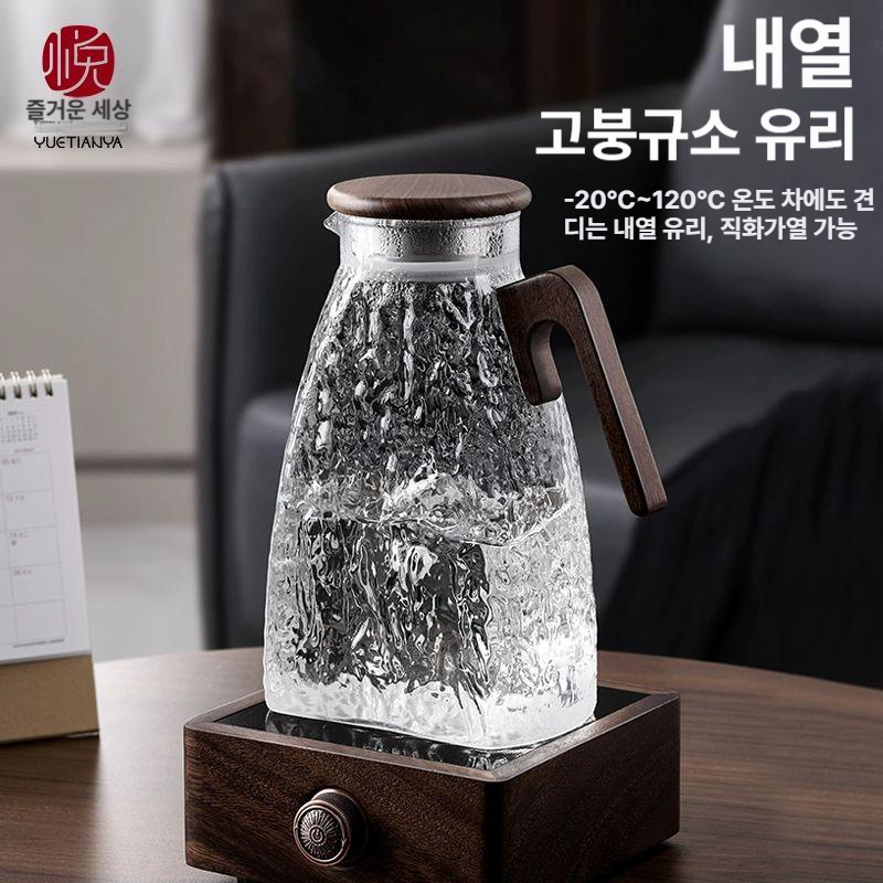 유리 주전자 냉장고 냉수 내열 가정용 대용량 거실 물컵 세트 두꺼운 일본풍 찻주전자 호두나무 빙하 주전자 - 단주전자 평면형 1.5L포함-2L불포함 - 상세 이미지 3
