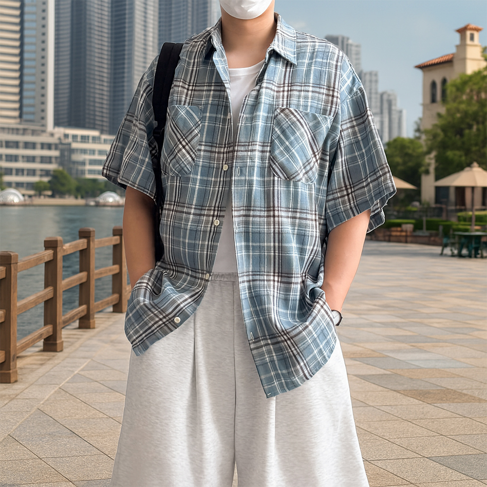 남자반팔남방 여름 체크 구김없는 셔츠 - 메인 이미지